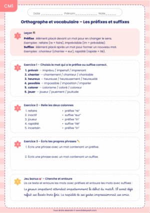 exercices CM1 préfixes et suffixes
