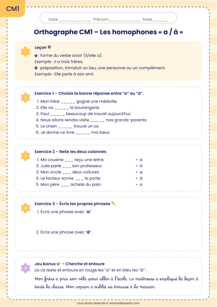 Orthographe CM1 – Les homophones a/à