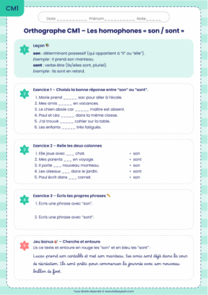 Orthographe CM1 – Les homophones son/sont
