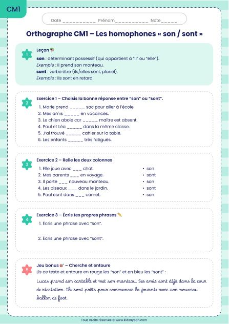 Orthographe CM1 – Les homophones son/sont
