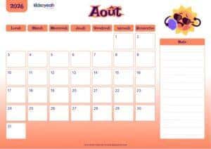 Calendrier août 2026 pour enfants – illustration estivale avec soleil et lunettes