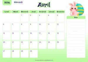 Calendrier avril 2026 pour enfants – illustration de Pâques avec lapin et œuf décoré