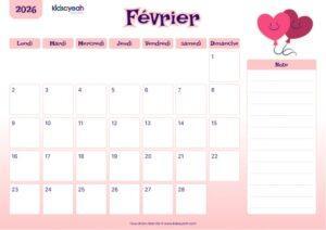 Calendrier février 2026 pour enfants – illustration Saint-Valentin avec cœurs mignons