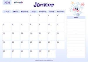 Calendrier janvier 2026 enfant à imprimer – design hivernal avec flocons et bonhomme de neige