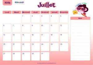 Calendrier juillet 2026 enfant – ambiance vacances d’été avec glace et soleil