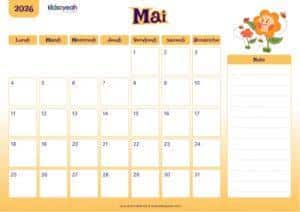 Calendrier mai 2026 enfant – design nature et fleurs, calendrier ludique à imprimer
