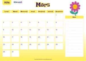 Calendrier mars 2026 enfant – thème printemps avec fleurs et couleurs pastel