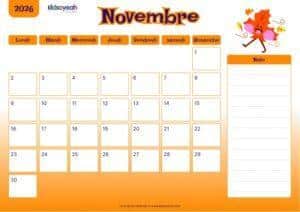Calendrier novembre 2026 enfant – thème automne avec feuilles et petit renard