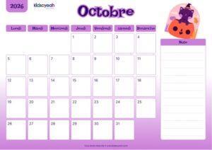 Calendrier octobre 2026 pour enfants – design Halloween avec citrouille rigolote