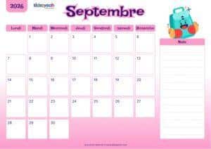 Calendrier septembre 2026 enfant – thème rentrée des classes avec illustration robot mignon - fiches pratiques à imprimer