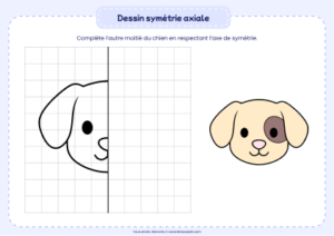 dessin symétrie axiale chien - fiche de symétrie axiale à imprimer en PDF avec animal