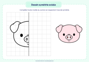 dessin symétrie axiale cochon - dessin à compléter par symétrie sur quadrillage pour enfant