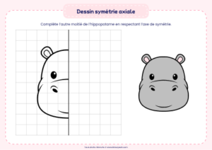 dessin symétrie axiale hippopotame - dessin à compléter par symétrie sur quadrillage pour enfant