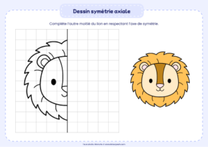 dessin symétrie axiale lion - dessin à compléter par symétrie sur quadrillage pour enfant