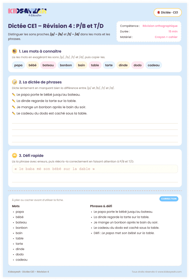 dictée CE1 P B T D – dictée de fin de séquence CE1 à imprimer
