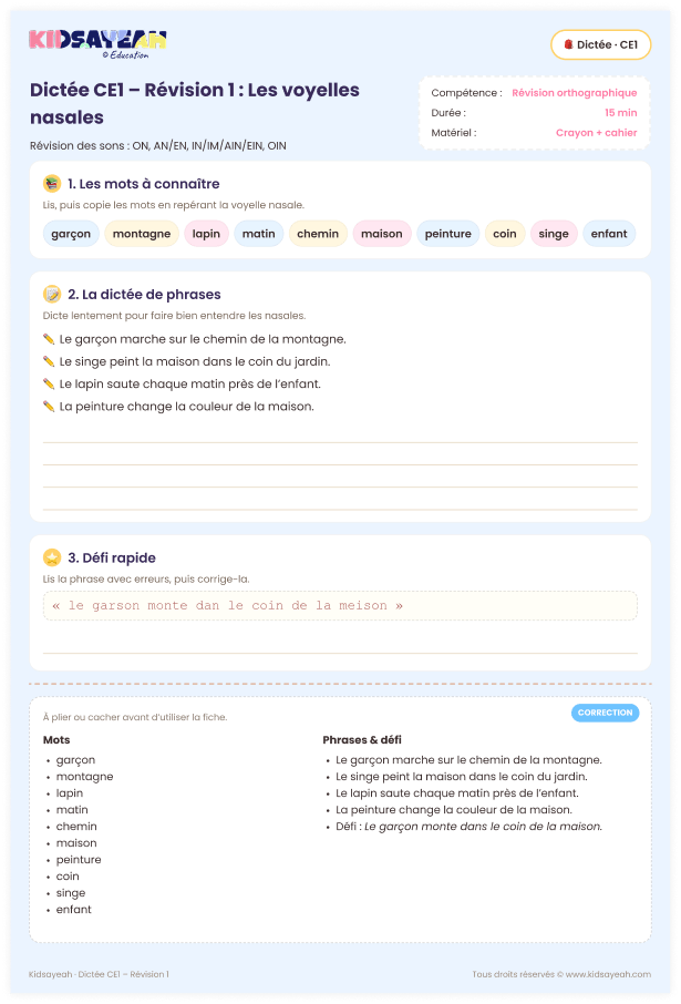 dictée CE1 voyelles nasales – fiche de dictée à imprimer