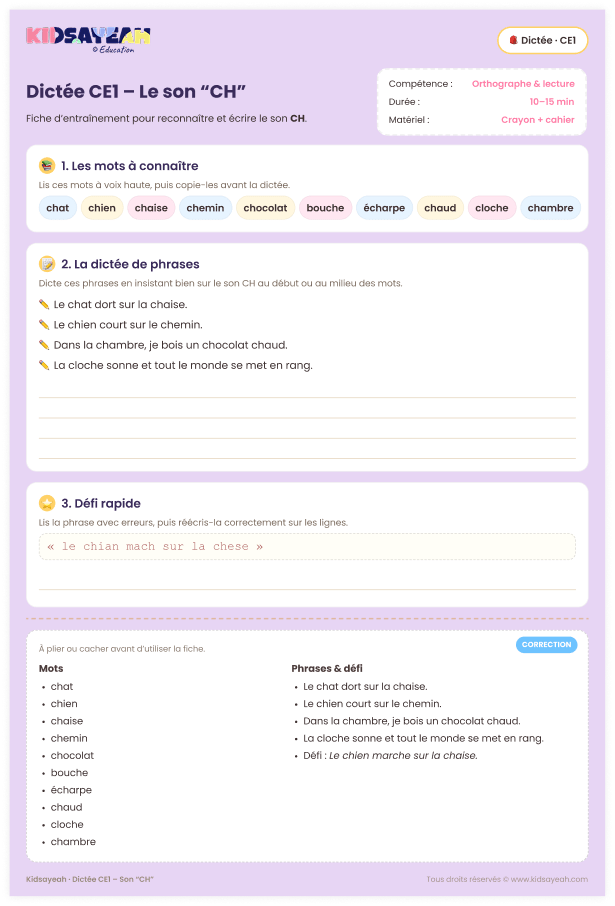 dictée CE1 son CH – fiche de dictée avec le son ch