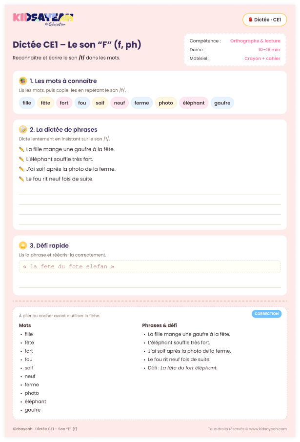 dictée CE1 son F PH – fiche de dictée CE1 à imprimer
