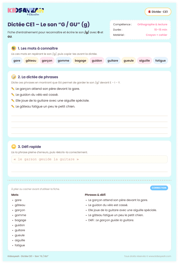 dictée CE1 son G GU – fiche de dictée pour le son g