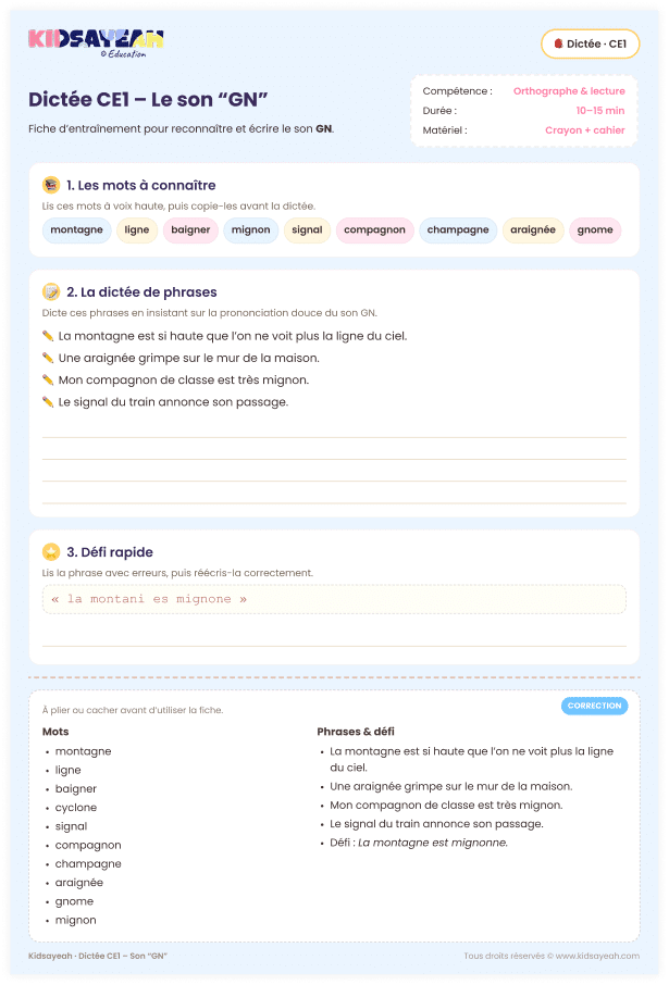 dictée CE1 son GN – dictée CE1 pour le son gn