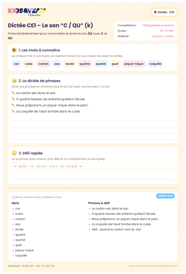 dictée CE1 son C QU – exercice de dictée sur le son k