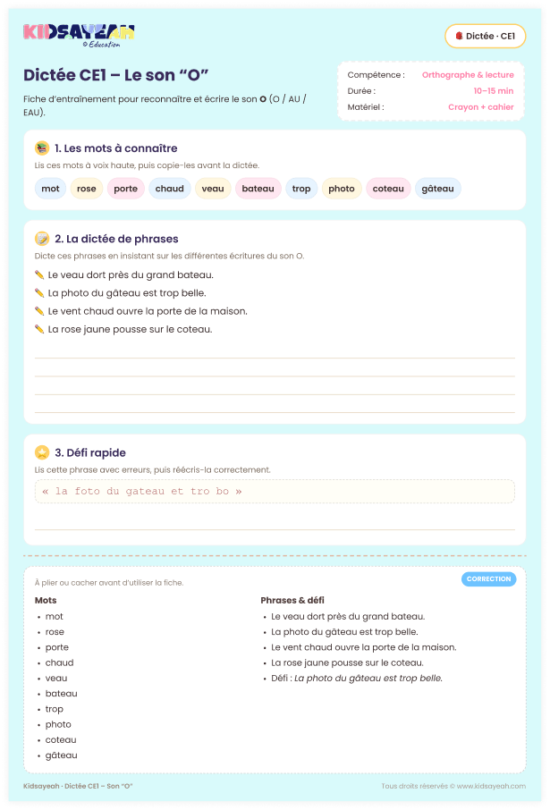 dictée CE1 son O – dictée CE1 à imprimer pour le son o