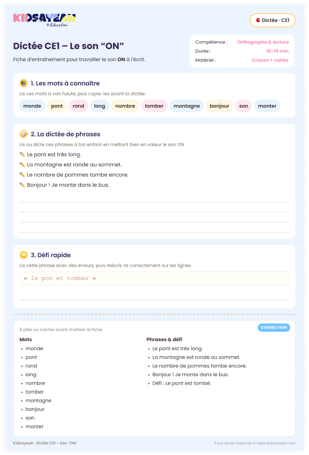 dictée CE1 son ON à imprimer