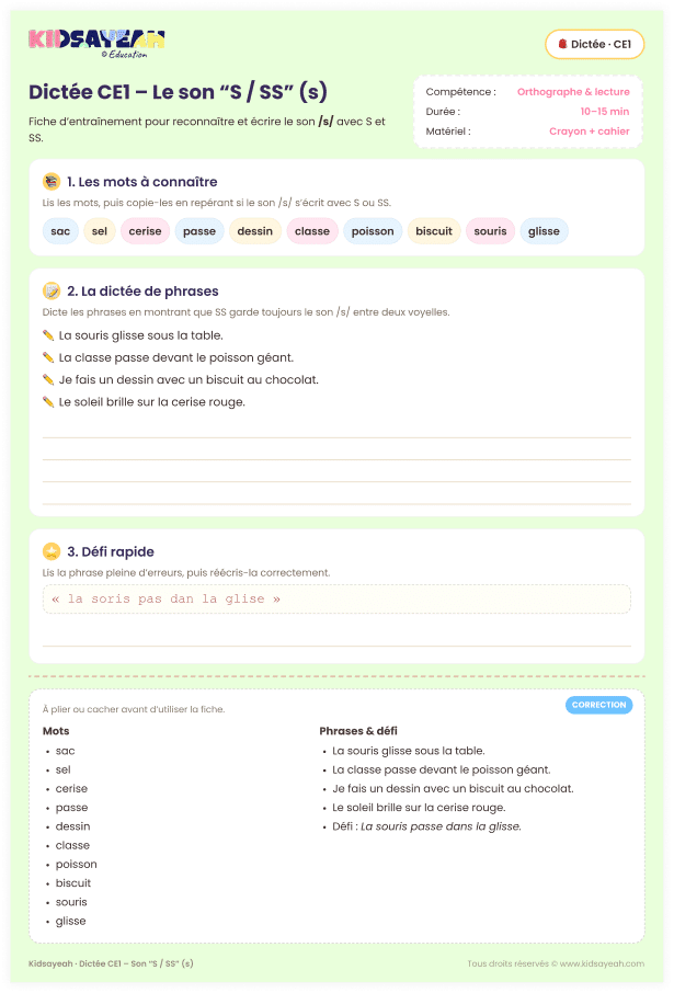 dictée CE1 son S SS – fiche de sons CE1