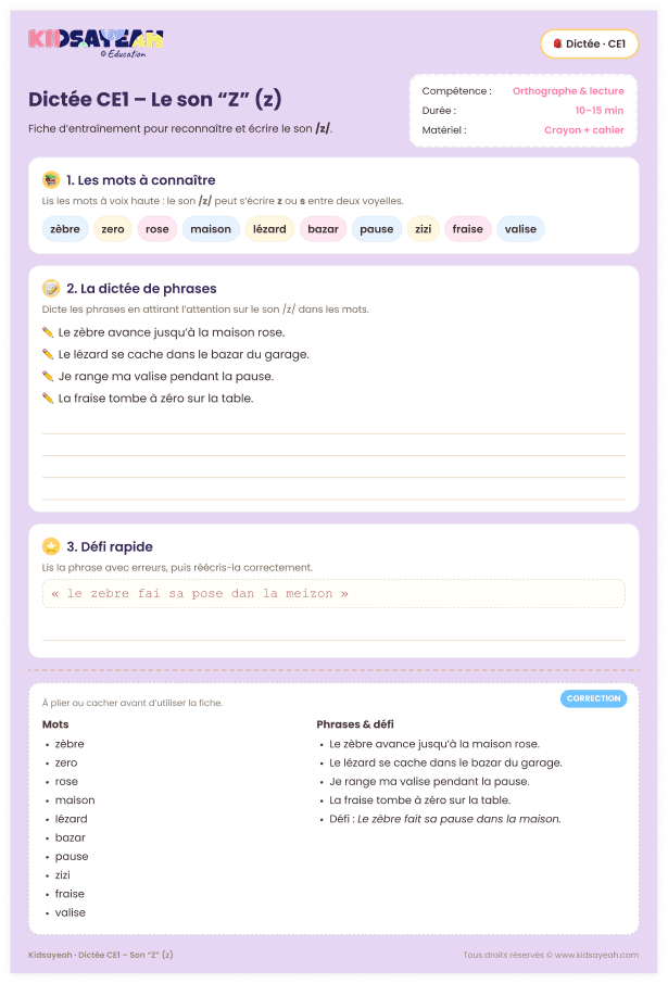 Dictée CE1 son Z à imprimer : Fiches et exercices