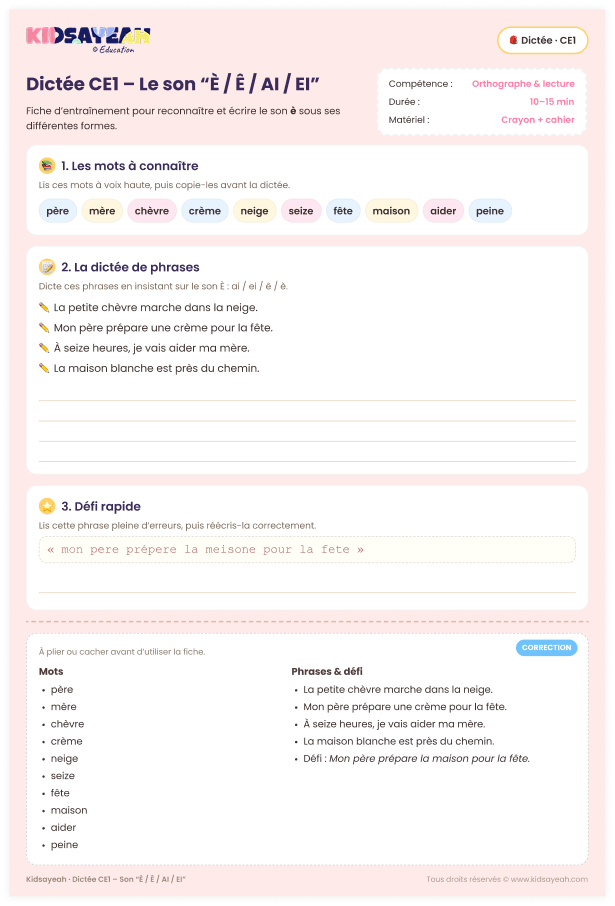dictée CE1 son È Ê AI EI – voyelles complexes à réviser