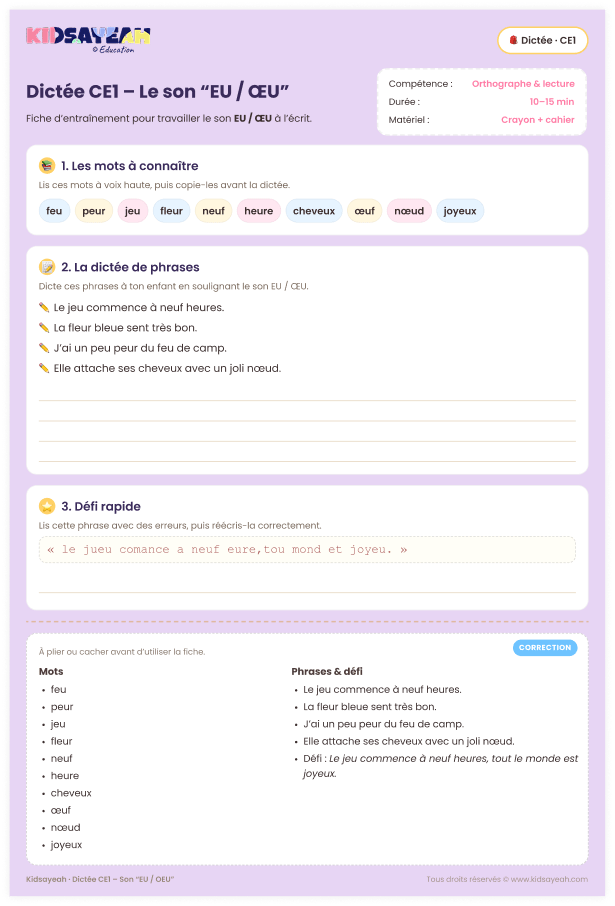 dictée CE1 son EU OEU – fiche de dictée à imprimer