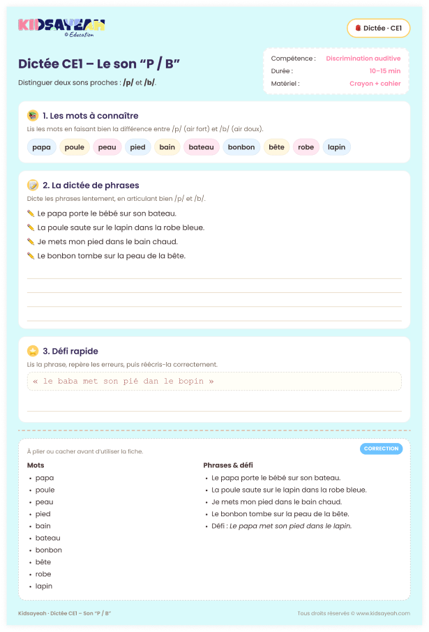 dictée CE1 son P B – fiche de dictée sur les sons proches