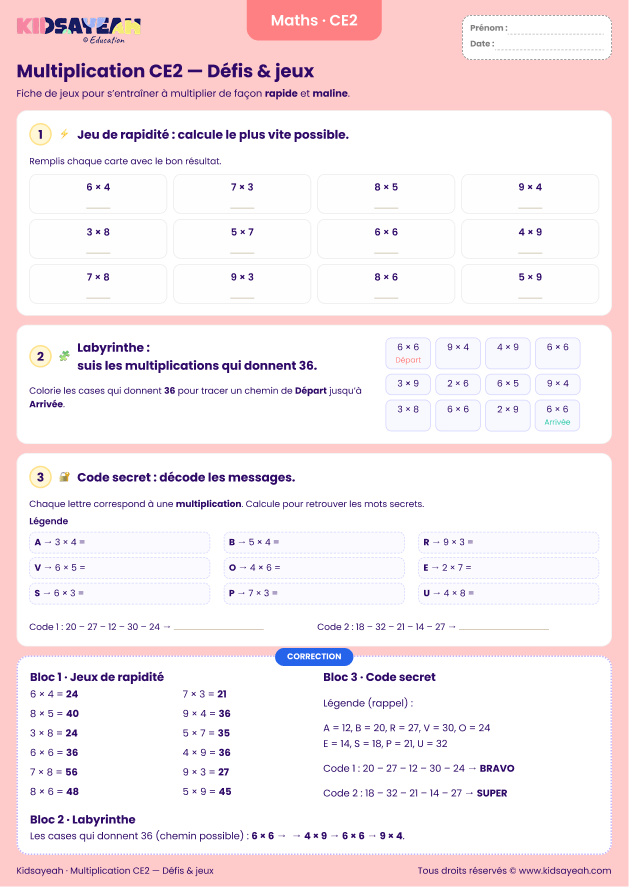 jeux de multiplication CE2 à imprimer gratuit