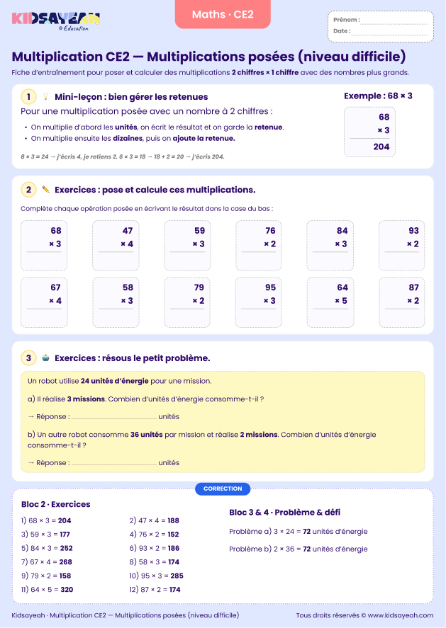 Mathématiques CE2 - multiplication posée CE2 difficile à imprimer