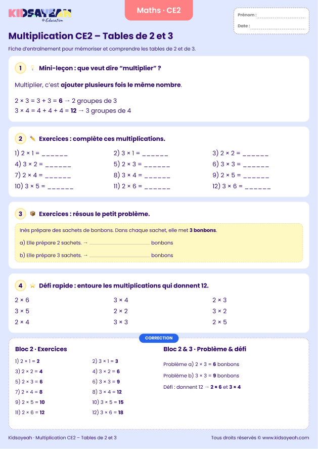 table de multiplication 2 et 3 CE2 - à imprimer