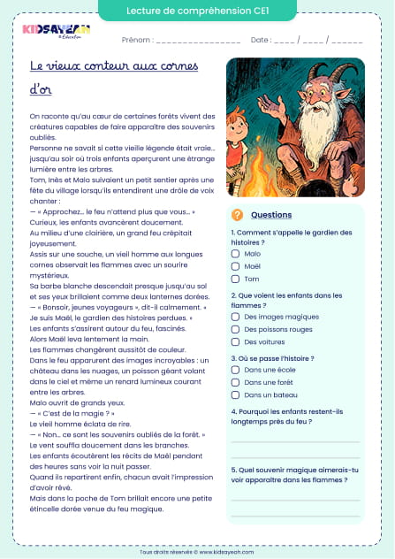 petit texte CE1 – Le vieux conteur aux cornes d’or