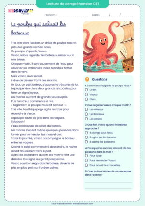 questions de compréhension CE1 – Le poulpe qui saluait les bateaux