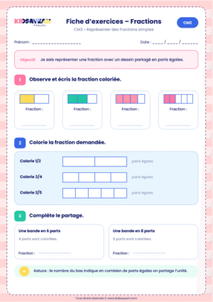 exercice fraction CM2 représenter des fractions à imprimer