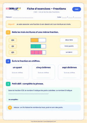 exercice fraction CM2 lire et écrire des fractions à imprimer