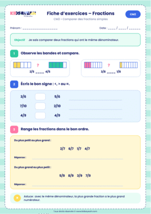 exercice fraction CM2 comparer des fractions à imprimer