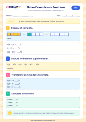 exercice fractions supérieures à 1 CM2 à imprimer