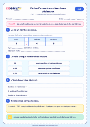 exercice nombres décimaux CM2 lire et écrire à imprimer