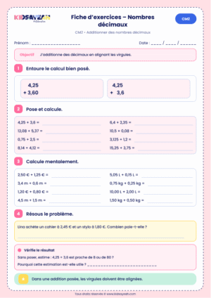 additionner des nombres décimaux CM2 à imprimer