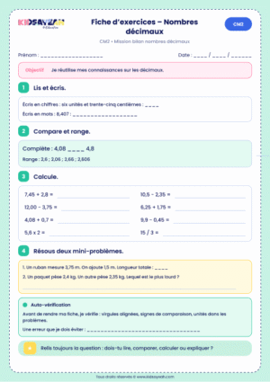 bilan nombres décimaux CM2 à imprimer