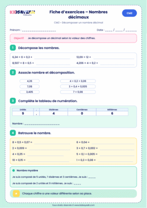 décomposer un nombre décimal CM2 à imprimer