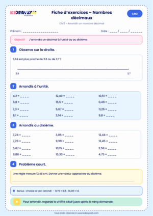 arrondir un nombre décimal CM2 à imprimer