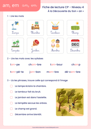 fiche lecture CP son an avec am em à imprimer
