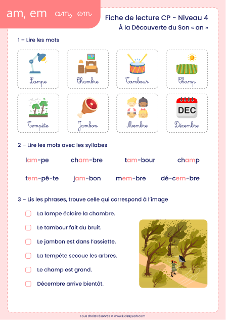 fiche lecture CP son an avec am em à imprimer