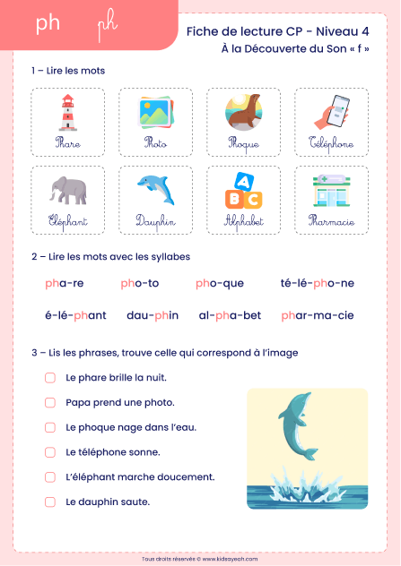 fiche lecture CP son f avec ph à imprimer