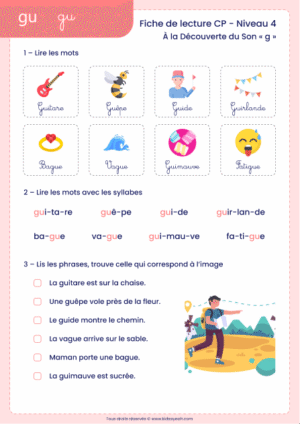 fiche lecture CP son g avec gu à imprimer